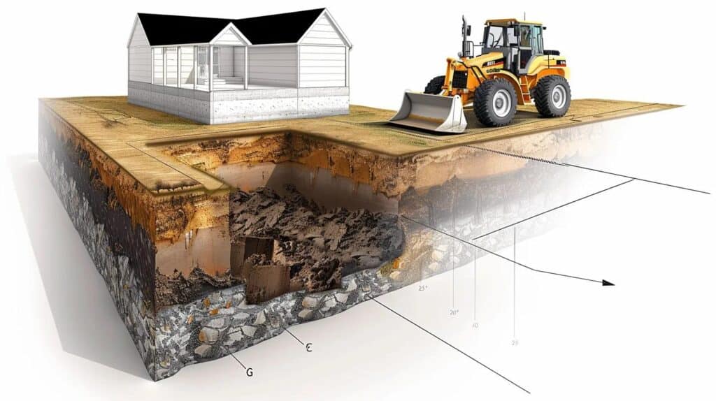 Side-by-side illustration or graphic representation. On the left: A deep, precise rectangular hole (earth excavation) for a basement. On the right: A skid steer gently smoothing and sloping the soil surface around a new foundation (site grading). Use a clean, educational diagram style with visible measuring lines.