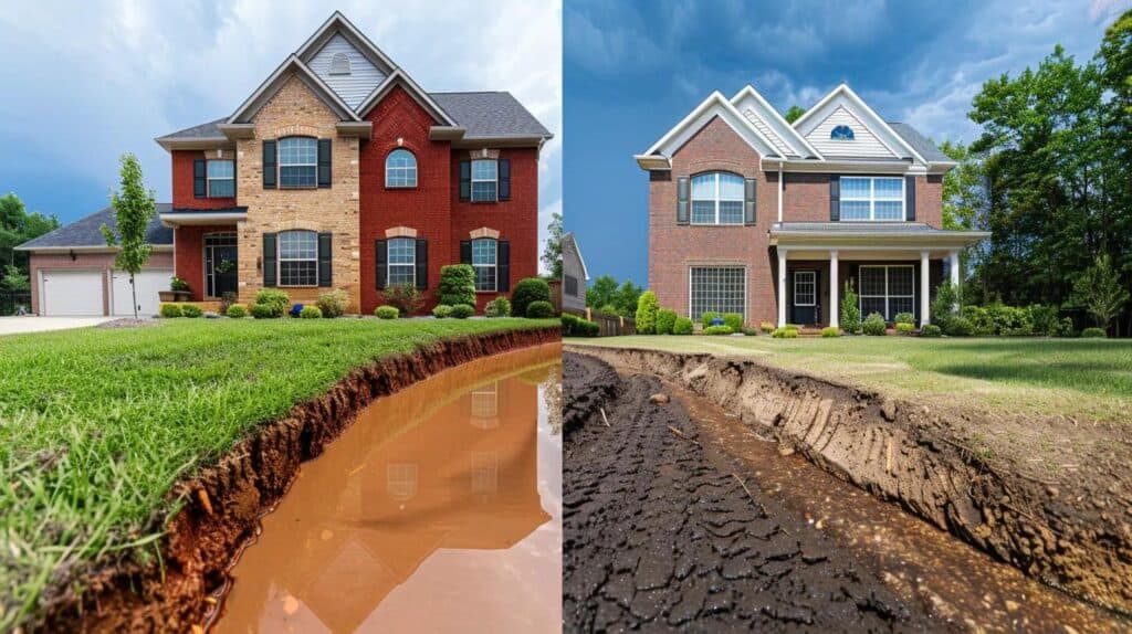 A professional, split image showing the contrast between poor drainage (water pooling against a brick home foundation) on one side, and a perfectly sloped, fresh finish grading services job directing water away from a similar home on the other side. Focus on the foundation and soil line.