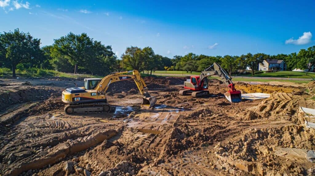 High-angle, wide shot of a modern, well-maintained yellow excavator and a red laser-guided skid steer working together on a construction site near a newly poured concrete foundation footing in a sunny Oklahoma City suburban setting. The background includes characteristic green Oklahoma trees and a clean, blue sky. Focus on the precision of the earthwork and the contrast between the equipment and the prepared ground. Professional, dynamic, and clear.