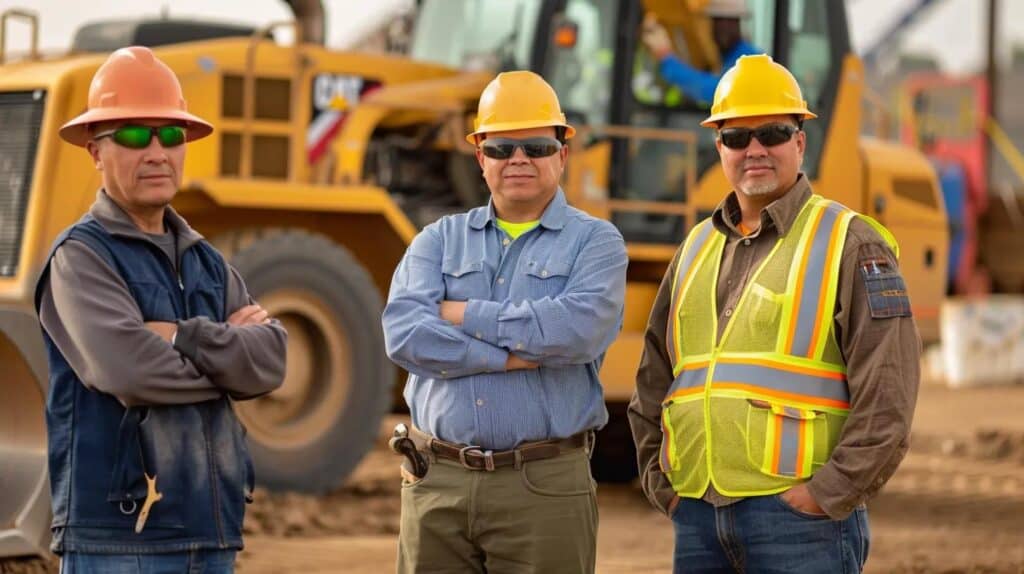 A clear, well-lit shot of three professional construction workers (a mix of ages and genders) standing in front of a clean, branded piece of heavy equipment (like a bulldozer or skid steer) on an OKC site. They should be looking confidently at the camera, wearing hard hats and safety vests, embodying trust, expertise, and local professionalism