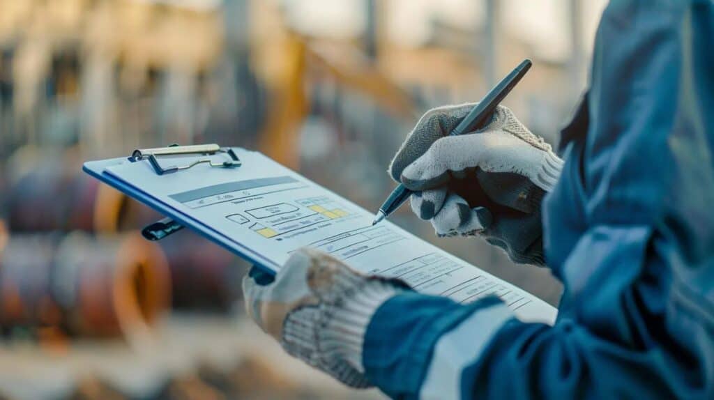 A high-angle, detailed photo of a clipboard or digital tablet showing a construction checklist. One hand wearing a clean work glove is holding a pen or stylus. Include a blurred background showing a construction site in the distance.