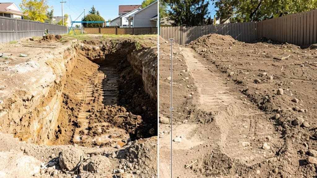 A side-by-side split image. On the left: A large, deep, freshly dug hole (foundation excavation) with steep, clean sides. On the right: A flat, wide, smooth area of soil prepared with a gentle slope away from the camera, demonstrating perfect drainage and compaction (finish grading). Use a miniature model of a ruler or a laser line graphic to emphasize the precision of the grading side.