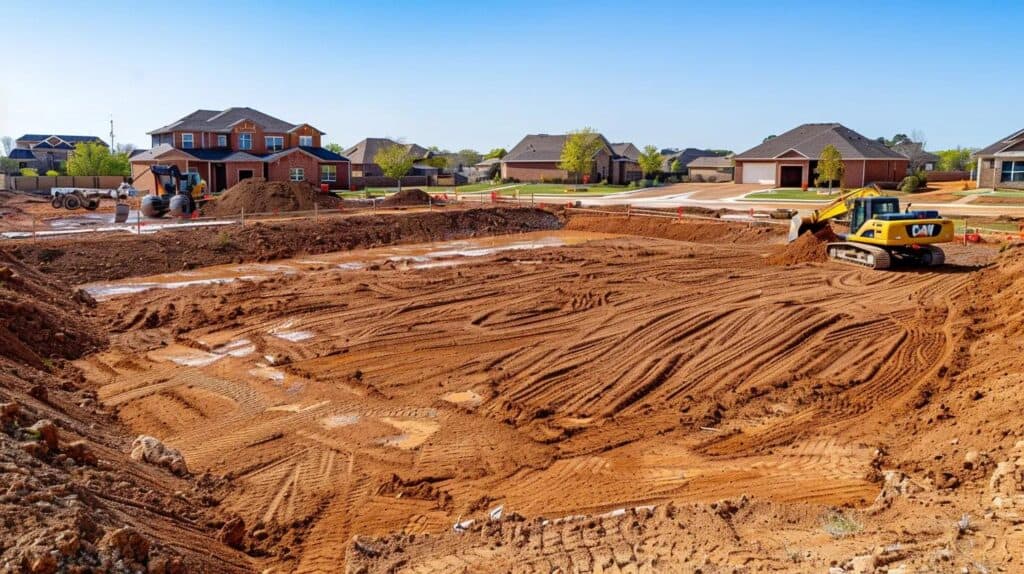 A wide, cinematic shot of a clean, prepared construction site in the Oklahoma City suburbs (new housing development feel). The foreground shows a smooth, level patch of reddish-brown Oklahoma dirt (finish-graded pad), and in the mid-ground, a heavy-duty yellow excavator and a laser-guided skid steer are actively working on a different section of the lot. The background features a classic Oklahoma blue sky and a few modern residential homes under construction. The overall feeling should be professional, precise, and sunny.