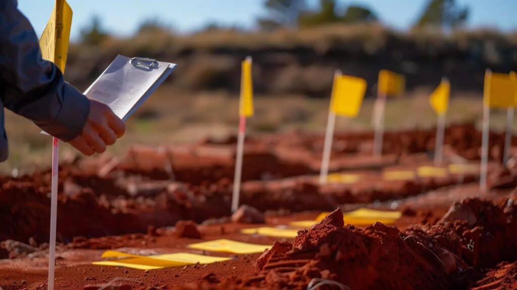 A brightly lit, clean image showing yellow painted lines and flags on red Oklahoma soil, marking underground utilities (811 markings). A hand holding a safety sign or a clipboard with permit documentation is positioned near the utility flags. Emphasis on safety and precision.