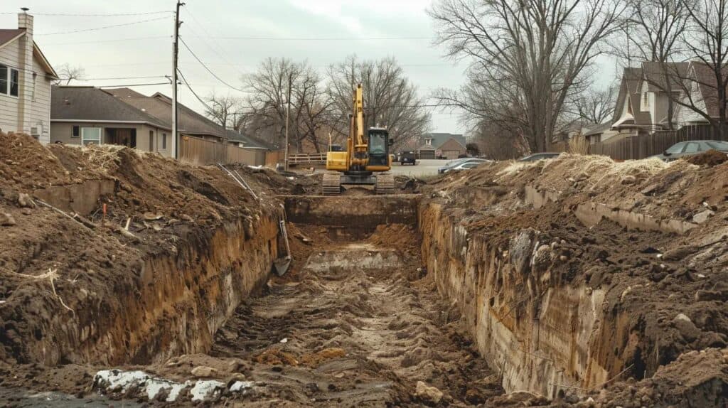 A deep trench being carefully dug for a commercial foundation using a massive excavator in a suburban setting (like Norman or Edmond). The walls of the trench should appear clean and vertical, demonstrating professional shoring practices (if visible) and precise depth. Show the scale of the earth removal.