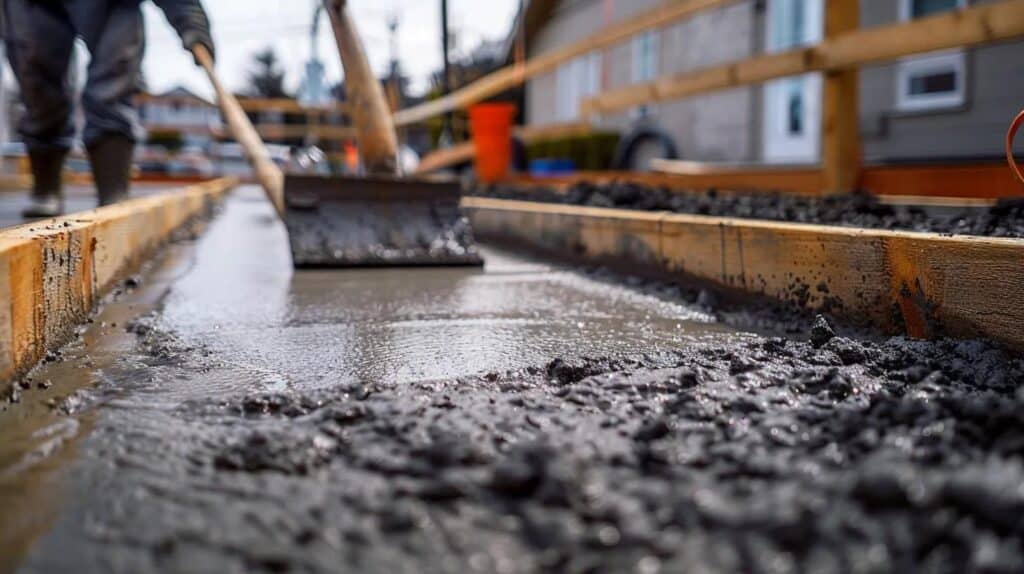 A high-contrast photo of fresh, wet concrete being poured and smoothed into a large residential driveway. A worker is using a long bull float to create a perfect finish. The edges of the forms are sharp and straight. You can see the Design Earth Excavation attention to detail in the clean setup. Realistic textures of wet cement and wooden forms.