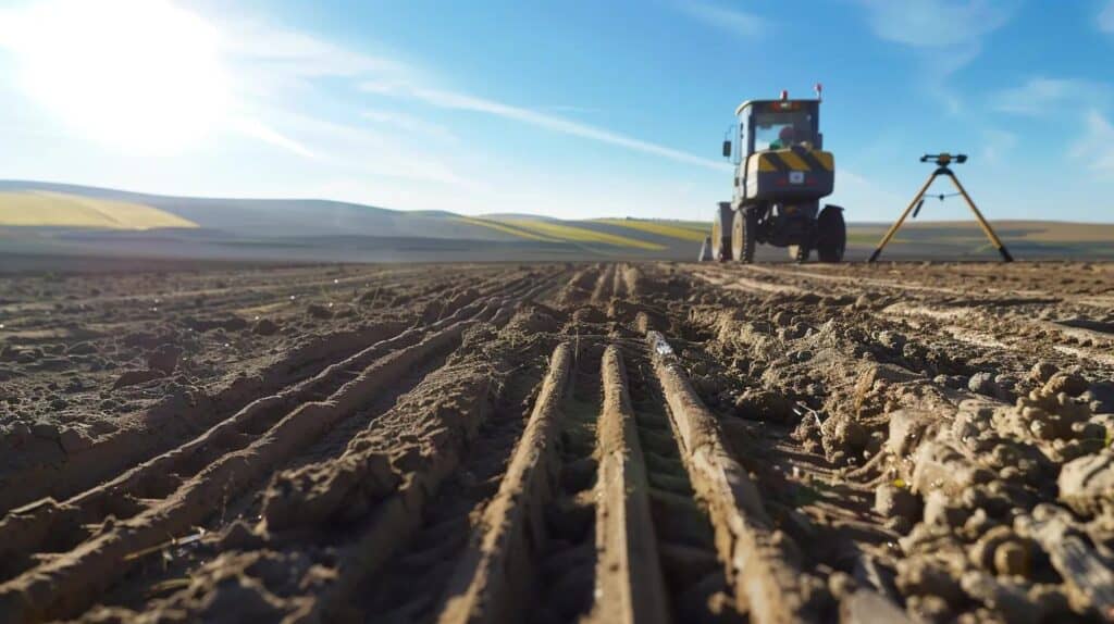 A low-angle shot looking across a massive, perfectly smooth graded field. You can see the faint, rhythmic tracks of a skid steer across the dirt, showing a perfect slope for drainage. In the distance, a modern transit level and a grade rod are being used by a worker. The image emphasizes flatness and perfect water runoff preparation. 4k resolution, realistic lighting.