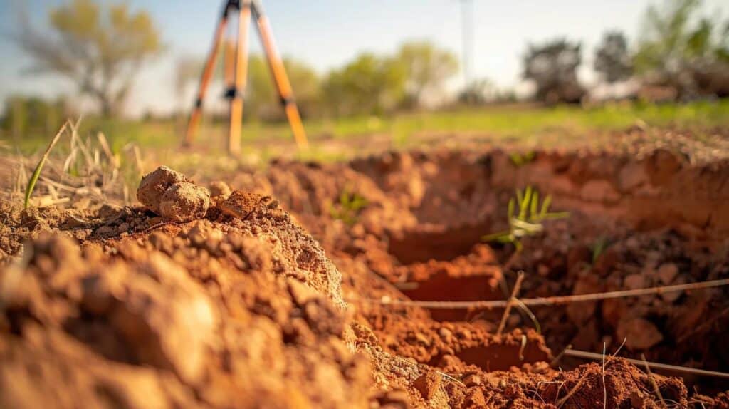 A detailed, eye-level close-up of a deep, clean-cut foundation trench for a residential home. The soil is neatly piled to the side, showing clear layers of Oklahoma red clay and dirt. A laser level tool on a tripod is visible in the corner of the frame to emphasize precision. Sharp focus on the earth's texture, bright daylight, professional construction photography.