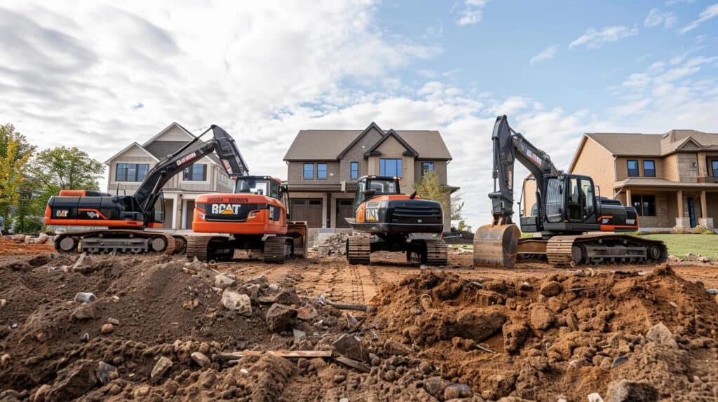 A professional team and equipment photo. A line of 3-4 clean, branded heavy machines (excavator, skid steer, dump truck) parked neatly in a row on a finished job site. The background shows a finished, beautiful Oklahoma suburban home. Focus on trust, reliability, and local pride.